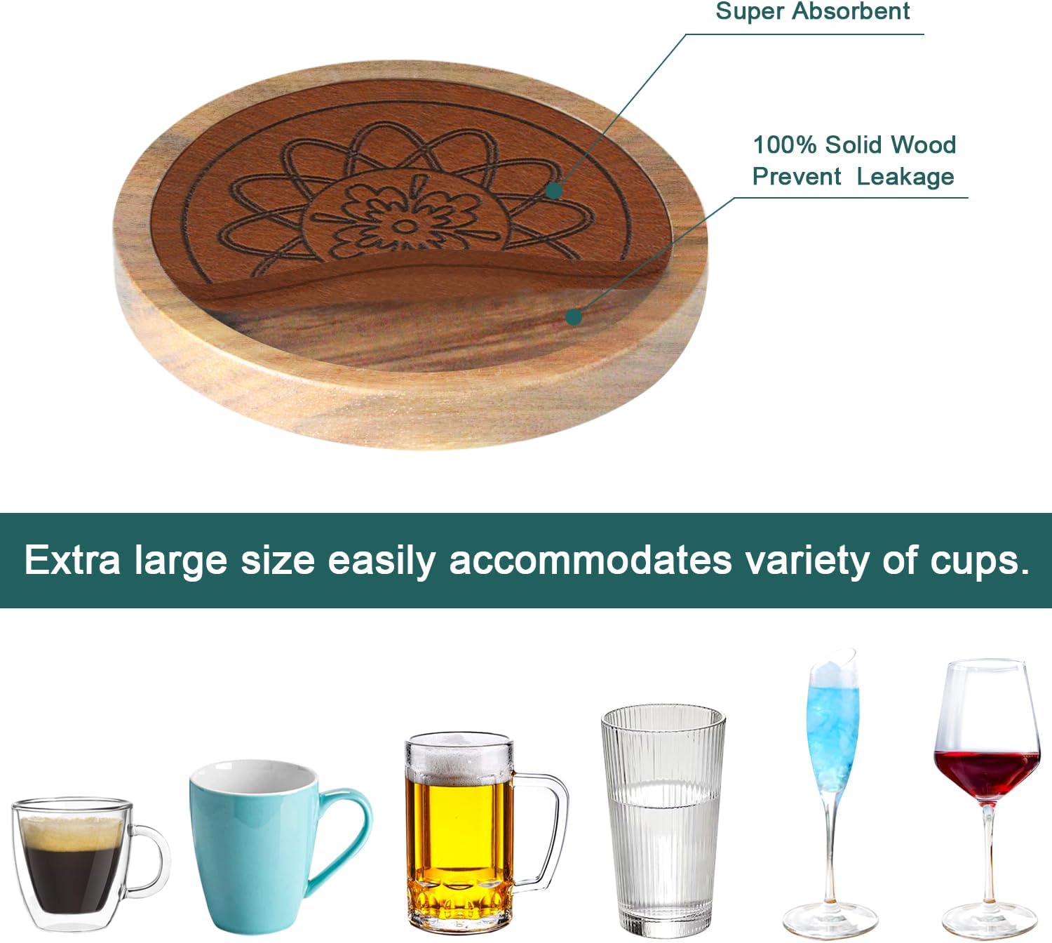 5 Pack Wood Coasters for Drinks, Minacun Absorbent Coaster Set, Drinks Coasters for Coffee Tabletop Protection, Non-Slip, Non-Stick, Suitable for Kinds of Cups Wooden Table Drink, 4.3 Inch Brown