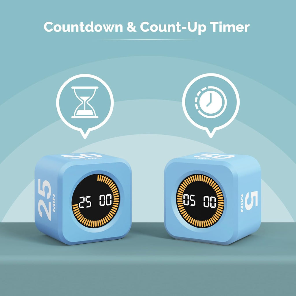 KADAMS Pomodoro Cube Timer Productivity Visual Timer - 5/10/25/50 Min Rotating Countdown (Blue)
