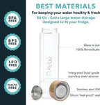 mayu Portable Container Water Bottle With Bamboo Lid - Eco Friendly & BPA Free Borosilicate Glass Infuser Bottle - Leak Free Design - For Storage, Everyday Use And Non-Toxic Hydration - 51oz 1.5L