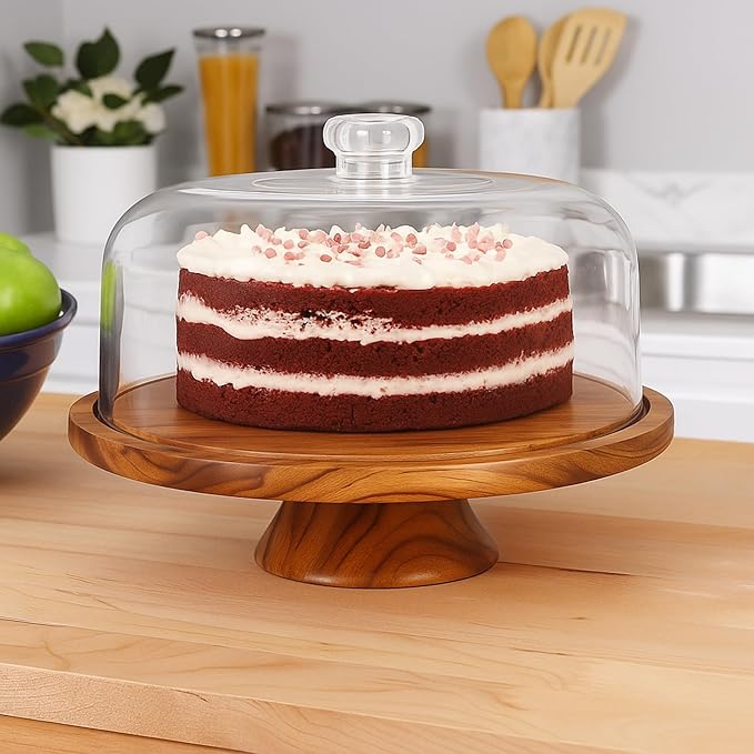 JOEY'Z 6 in 1 Large Acacia Wood Cake Stand with Lid - Multiuse Wooden Cake Stand with Dome Acrylic Cake Cover/Cake Dome - Cake Holder With Lid - Cake Stands