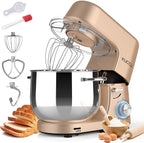 9.5 QT Double Handle KUCCU Stand Mixer, 6 Speed with Pulse Electric Kitchen Mixer, 660W Tilt-Head Food Mixer with Dishwasher-Safe Dough Hook, Flat Beater, Whisk, Splash Guard for home baking (Gold)