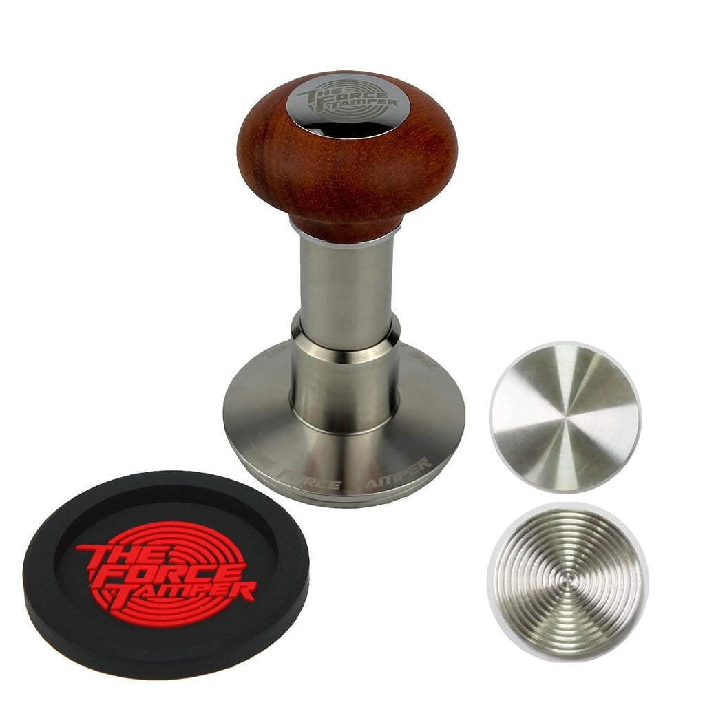 The Force Tamper Automatic Impact Adjustable Constant Pressure and Autoleveling Coffee Tamper Reddish Brown Jellyfish Wooden Handle Set Pro (Extend Set, 58.35mm)