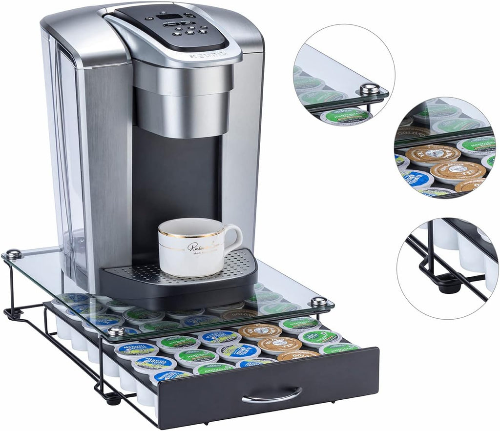 ZCDCP K Cup Holder Drawer, Coffee Pod Holder for K Cup Orgainzer with Termpered Glass Top, Keurig Coffee Pods Holder Capsule with 35 Pods, Black