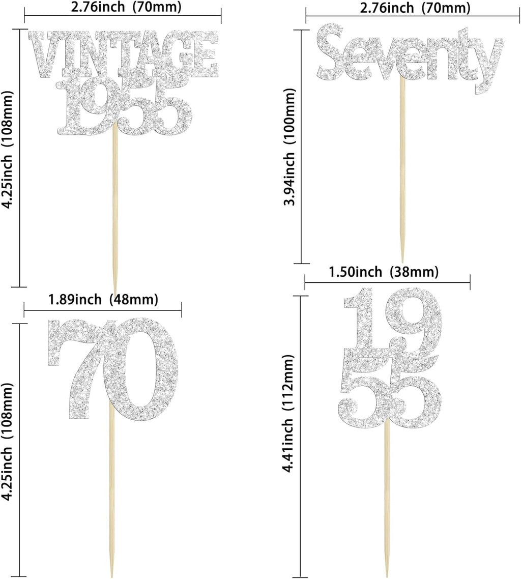 Gyufise 24Pcs 70th Birthday Cupcake Toppers Glitter Cheers to 70 Fabulous Seventy Vintage 1955 Cupcake Picks 70th Birthday Wedding Anniversary Party Cake Decorations Supplies Silver