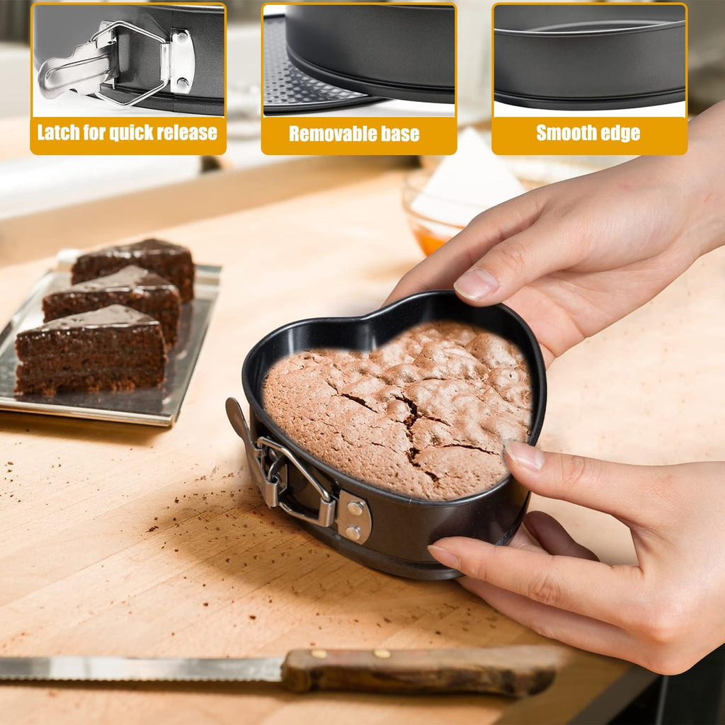 Springform Cake Pan Set of 3 (4, 7, 9 Inch) Heart Leakproof Nonstick Cheesecake Pans with Removable Bottom Carbon Steel Bakeware