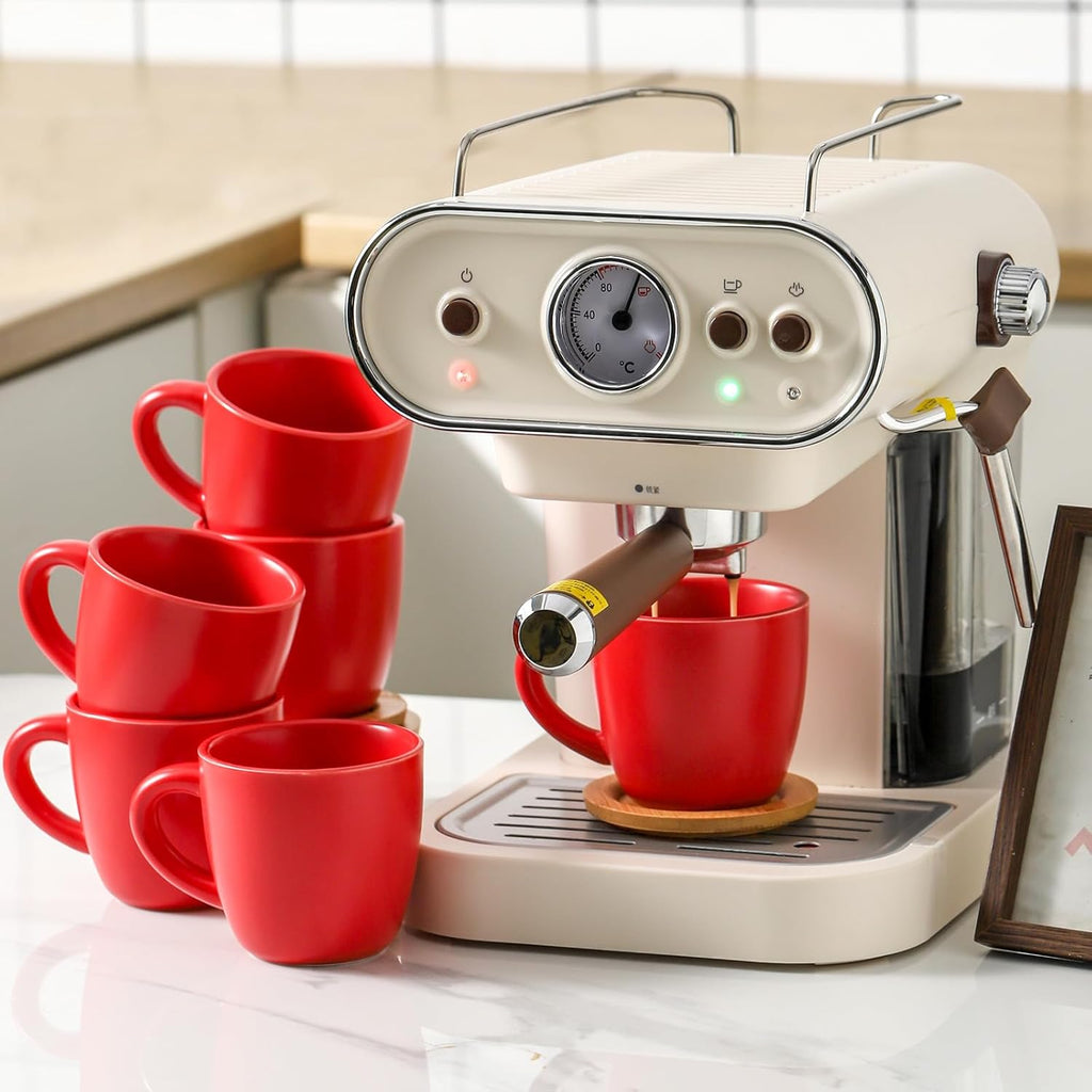 Hasense 8 oz Tea Cups and Saucers Set of 6, Ceramic Coffee Cups with Handle, Latte, Cappuccino, Espresso, Stackable for Party, Home and Kitchen, Red