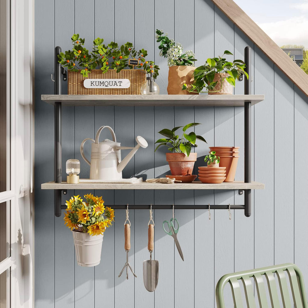 Bestier Pipe Shelf Industrial Floating Shelving 31" Kitchen Wall-Mounted Shelves with 8 Towel Bar Hooks Coffee Bar Shelf Wine Hanging Display Rack Bookshelf Living Room Decor Bathroom-Retro Grey