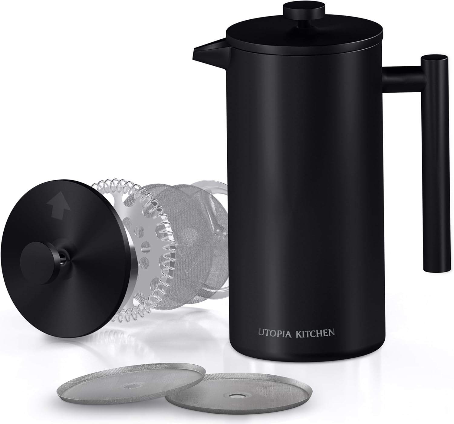 Utopia Kitchen French Press Coffee Maker, Double Wall Insulated Stainless Steel Coffee Press with 4-Level Filtration system, Includes 2 Extra Filters, Rust-Free, Dishwasher Safe (Black, 17 Ounce)