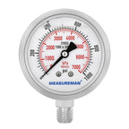 MEASUREMAN Pressure Gauge, 0-1000 PSI/kPa, Glycerin Filled, 1/4 NPT Lower Mount