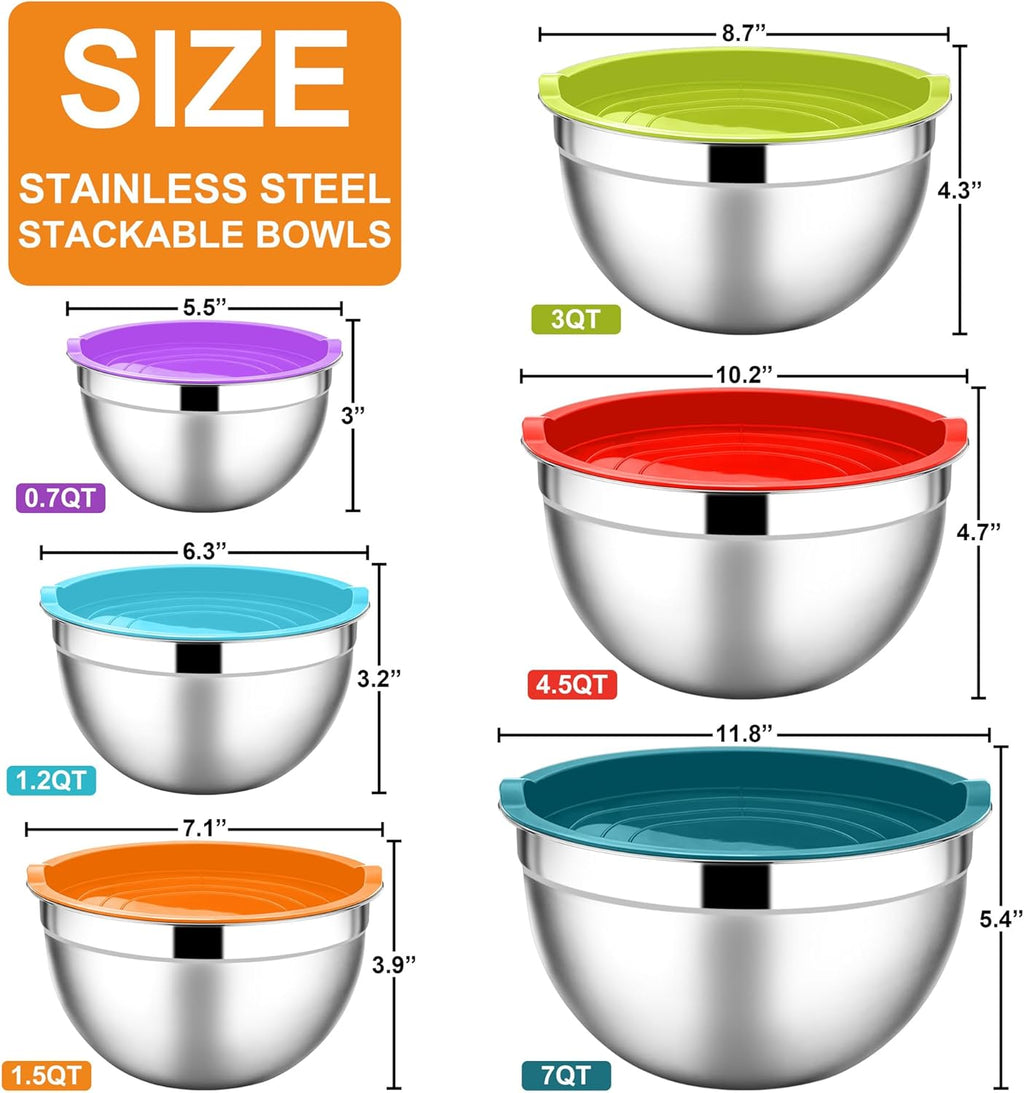 E-far Mixing Bowls with Lids, 12-Piece Stainless Steel Salad Bowls Metal Nesting Bowls for Baking Cooking and Prepping, Airtight Lids & Stackable Design, Size 7, 4.5, 3, 1.5, 1.2, 0.7 QT (Colorful)