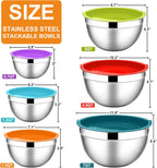 E-far Mixing Bowls with Lids, 12-Piece Stainless Steel Salad Bowls Metal Nesting Bowls for Baking Cooking and Prepping, Airtight Lids & Stackable Design, Size 7, 4.5, 3, 1.5, 1.2, 0.7 QT (Colorful)