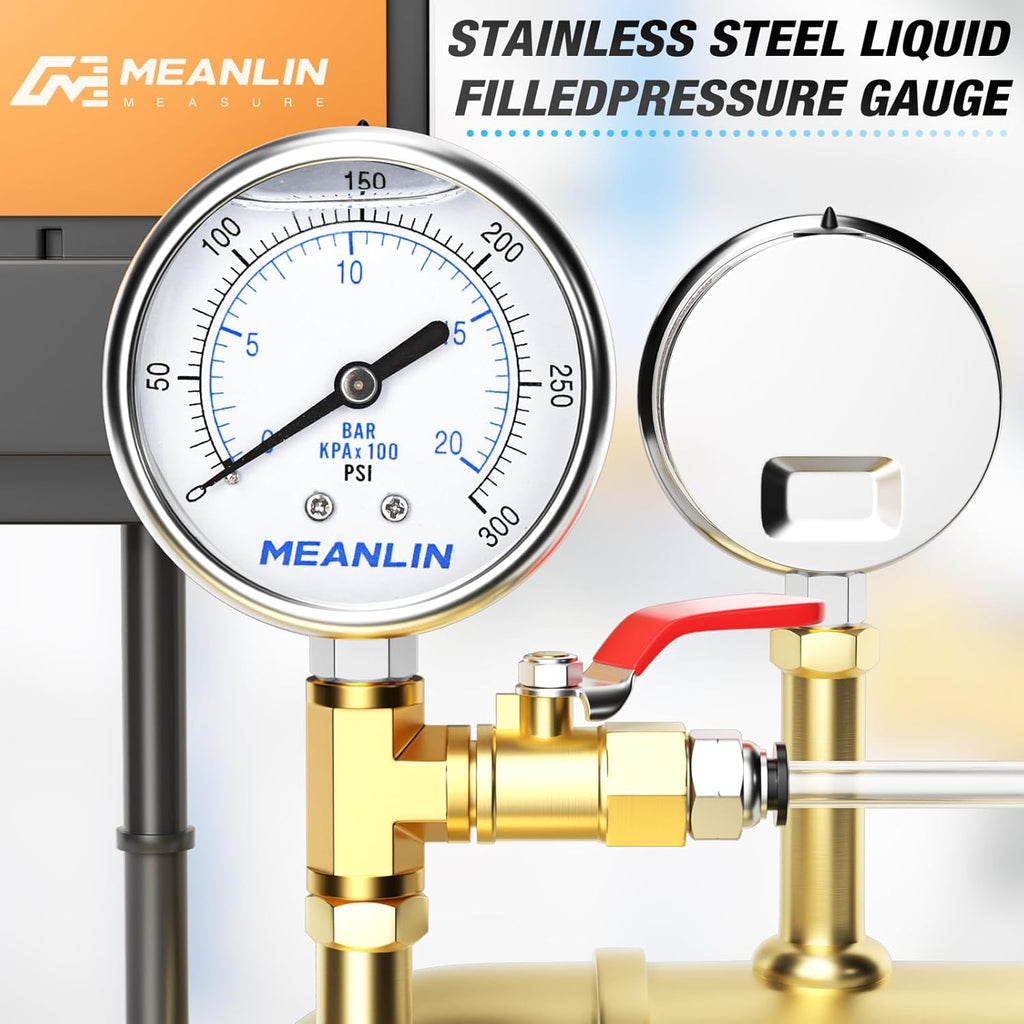 MEANLIN MEASURE 0~300Psi Liquid Filled Pressure Gauge Stainless Steel with 316 Stainless Steel Joint 1/4" NPT 2.5" FACE DIAL for Air Compressor Air Regulator Water Filter Center Lower Mount