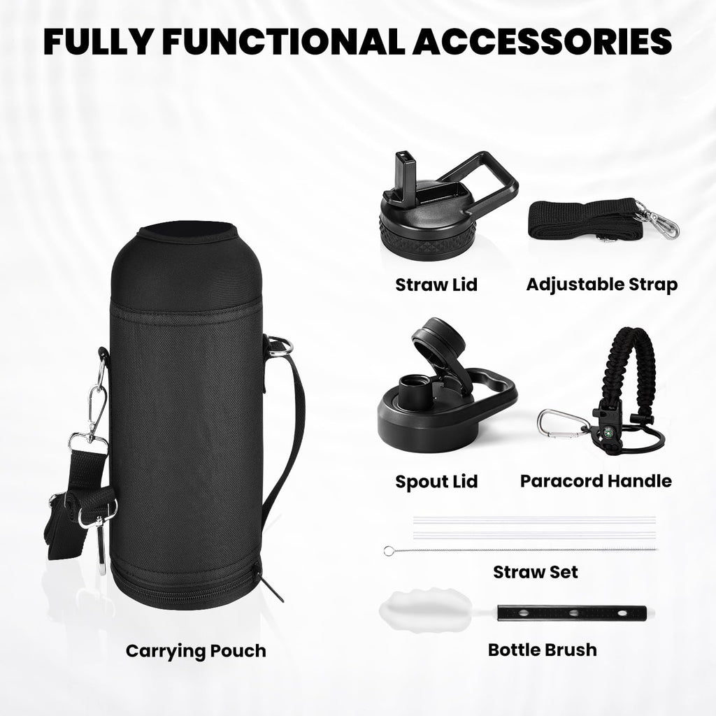Insulated Water Bottle 40 oz, Triple Wall Vacuum Stainless Steel (Cold for 48 Hrs), Leak Proof & Non-BPA, Modern Water Flask Jug with Paracord Handle & Straw Spout Lids, Magic Black