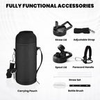 Insulated Water Bottle 40 oz, Triple Wall Vacuum Stainless Steel (Cold for 48 Hrs), Leak Proof & Non-BPA, Modern Water Flask Jug with Paracord Handle & Straw Spout Lids, Magic Black