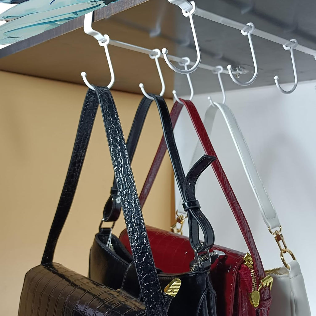 Adjustable Mug Holder Under Cabinet - Coffee Cup Holder with 8 Mug Hooks Under Shelf - White - Space Saving and Versatile