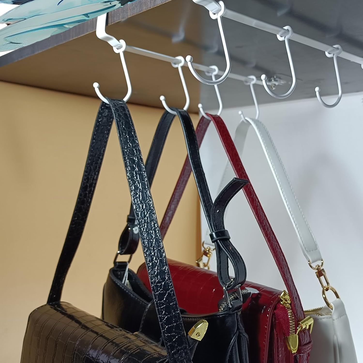 Adjustable Mug Holder Under Cabinet - Coffee Cup Holder with 8 Mug Hooks Under Shelf - White - Space Saving and Versatile