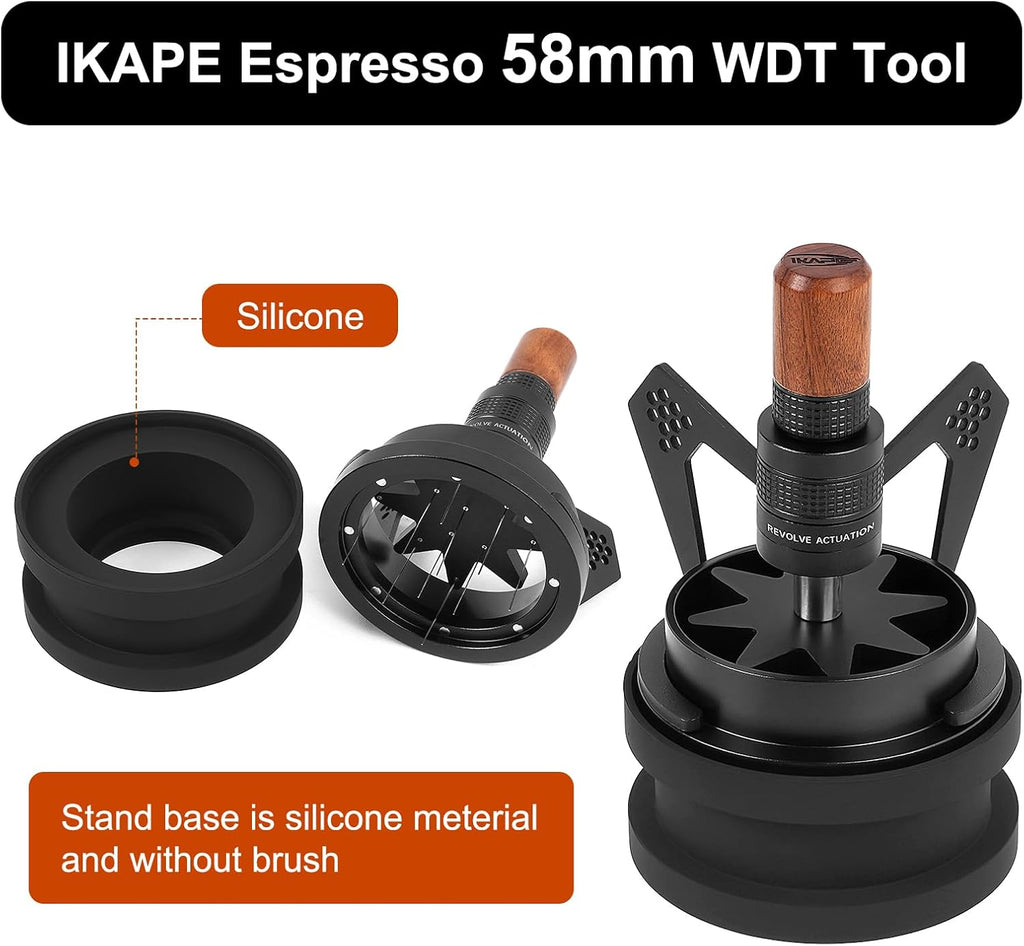 IKAPE Mantis WDT Distribution Tool, V3-58.5mm Espresso Stirrer Distribution Tool for Barista - 8 Needle Espresso Stirrer with Dosing Funnel & Stand, Adjustable Needle Height, Walnut Handle