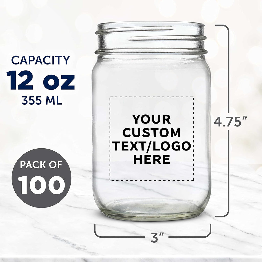 DISCOUNT PROMOS Custom Decorating Mason Jars 12 oz. Set of 100, Personalized Bulk Pack - Glass Jars for Overnight Oats, Candies, Fruits, Pickles, Spices, Beverages - Clear