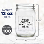 DISCOUNT PROMOS Custom Decorating Mason Jars 12 oz. Set of 100, Personalized Bulk Pack - Glass Jars for Overnight Oats, Candies, Fruits, Pickles, Spices, Beverages - Clear