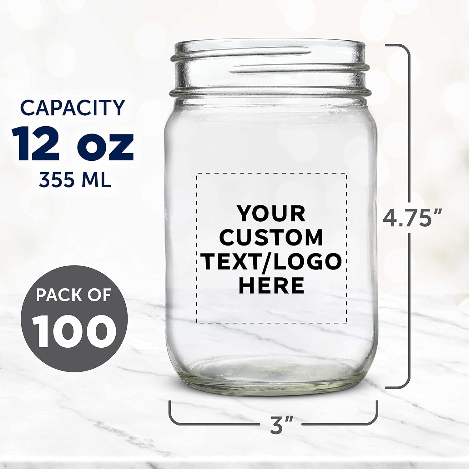 DISCOUNT PROMOS Custom Decorating Mason Jars 12 oz. Set of 100, Personalized Bulk Pack - Glass Jars for Overnight Oats, Candies, Fruits, Pickles, Spices, Beverages - Clear