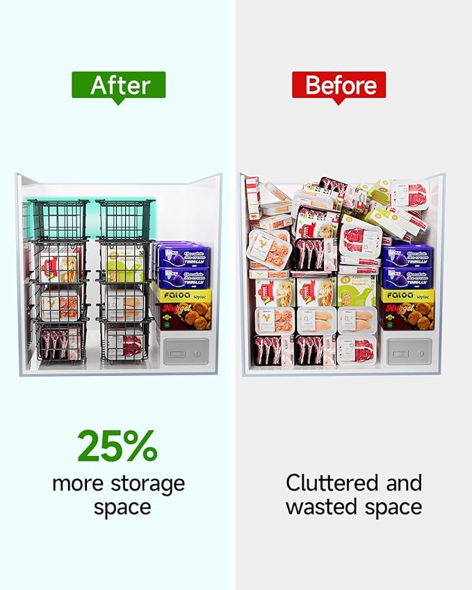 Freezer Organizer Bins - Fit 10 to 20 Cu.FT Deep Freezer, Stackable Chest Freezer Organizer Sort Frozen Food and Easily Get with Handle, 4 Pack Chest Freezer Bins, Black