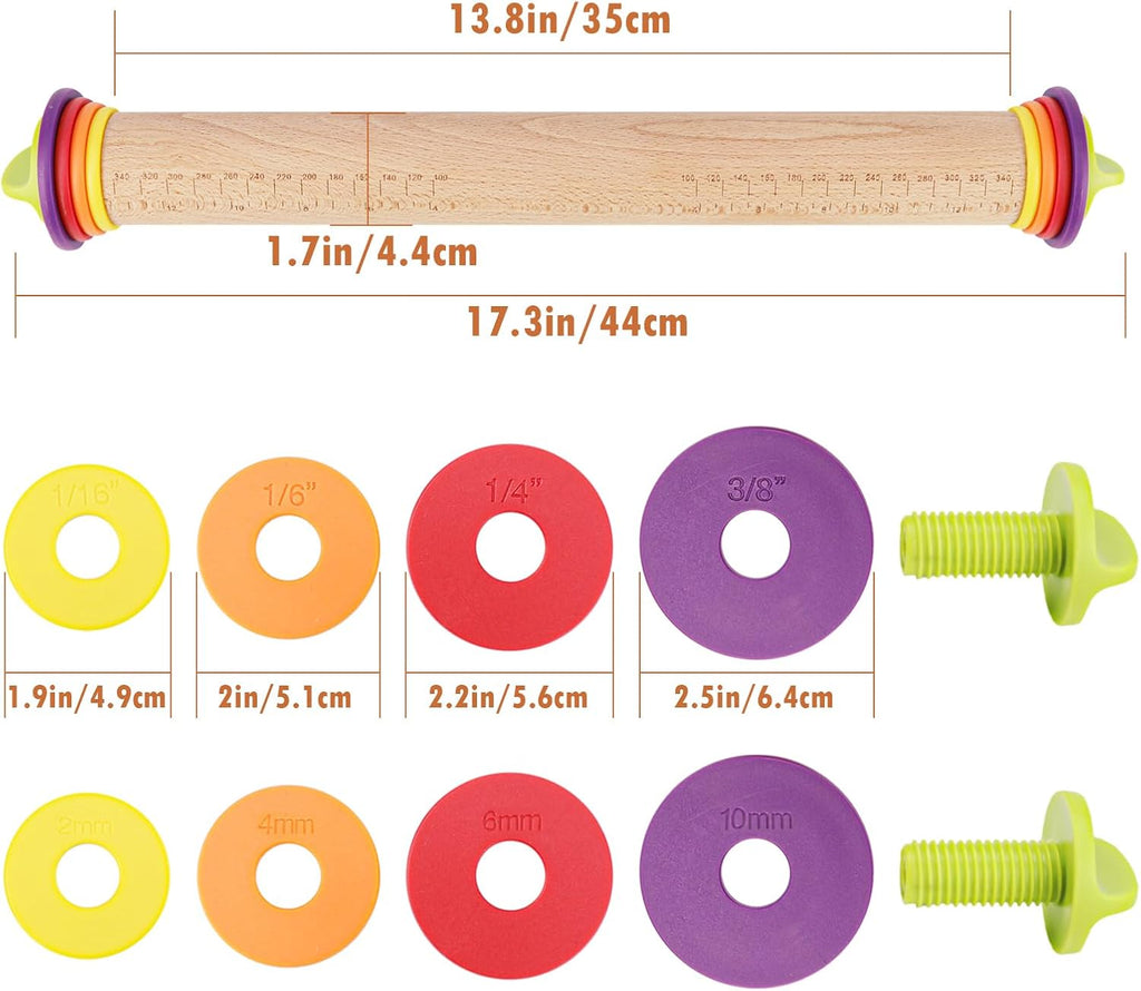 17Inch Wooden Rolling Pin, Rolling Pin with 4 Adjustable Thickness Ring, Graduated Rolling Pin for Baking, Fondant, Pizza, Crust, Cookies, Pastry