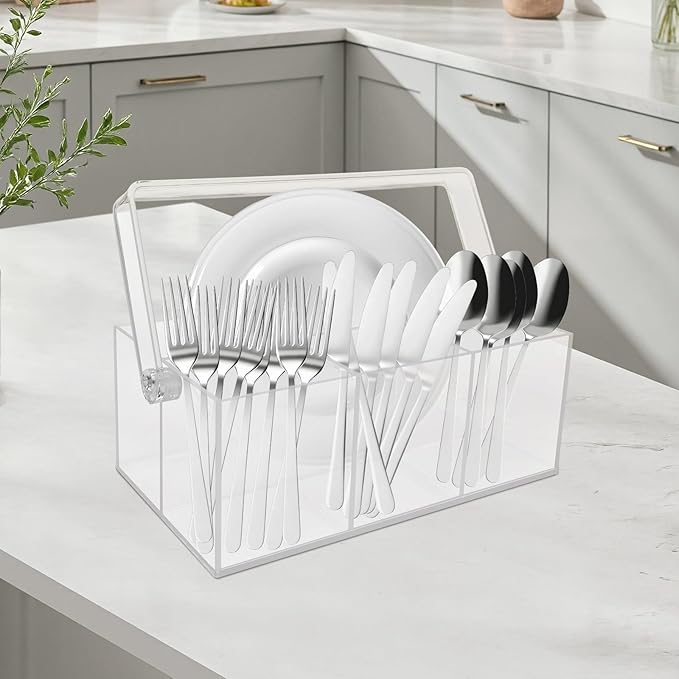 Acrylic Utensil Holder,Silverware Organizer for Countertop,Kitchen Table,Buffet & Picnic Party,Heavy-Duty Cutlery Caddy for Spoons, Forks,Knives & Napkins,Space-Saving Indoor Outdoor Essential