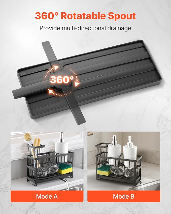 VEVOR Kitchen Sink Caddy Organizer, 2 Tier Sponge Holder for Kitchen Sink with High Brush Holder & Divider, Storage Rack with Rotatable Drainage Spout, Countertop Organizers and Storage Essentials