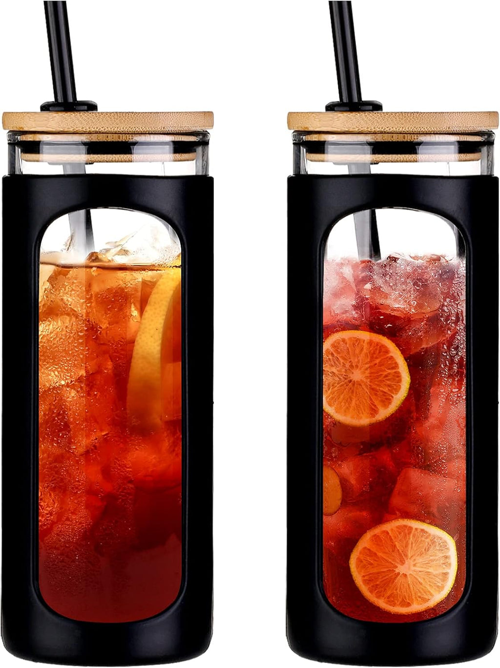 Kodrine 20oz Glass Tumbler with Straw and Lid, Bamboo Lids Water Bottle, Reusable Iced Coffee Cups, Wide Mouth Smoothie Cup with Protective Silicone Sleeve BPA FREE-Black-2pack