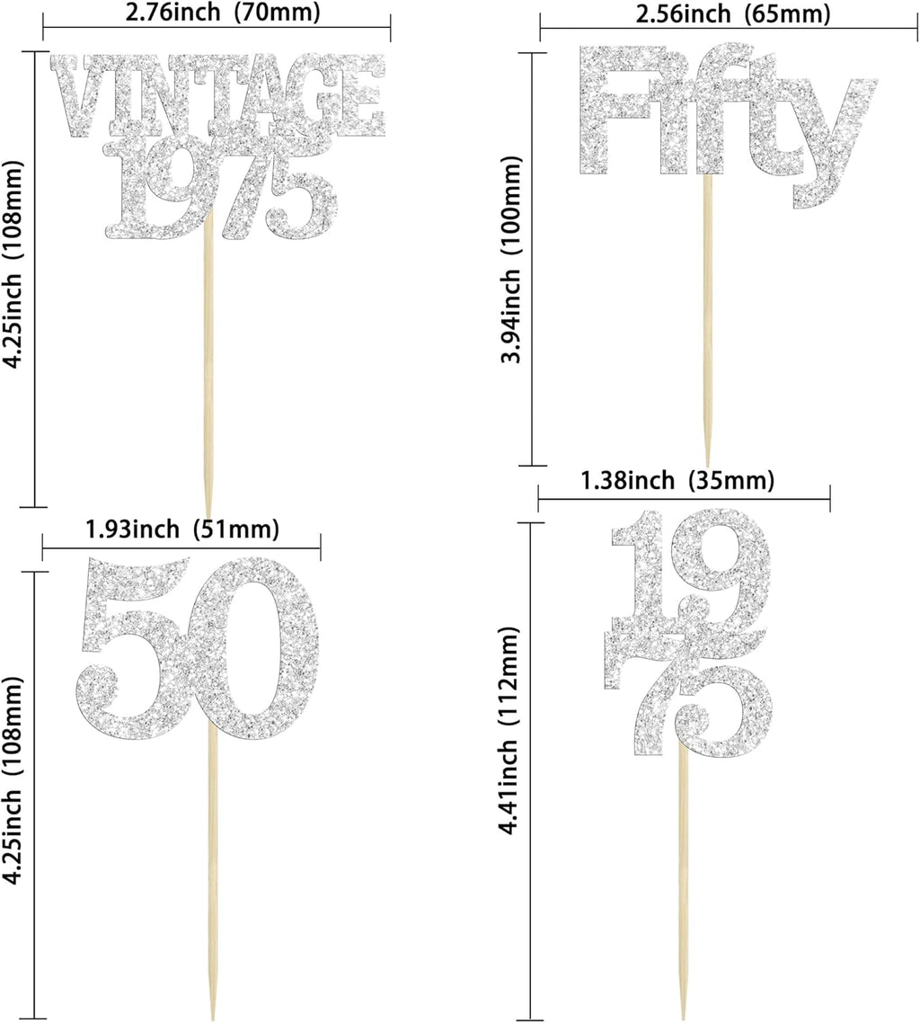 Gyufise 24Pcs 50th Birthday Cupcake Toppers Cheers to 50 Fabulous Fifty Vintage 1975 Cupcake Picks 50th Birthday Wedding Anniversary Party Cake Decorations Supplies Silver