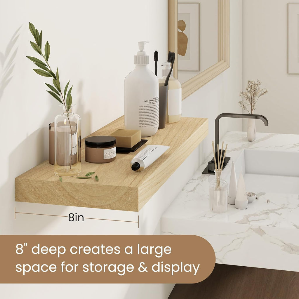 Fun Memories Rustic Floating Shelves for Home Decor, 8 Inch Deep Floating Shelf, Solid Wood Floating Wall Shelves 24 Inch Long, Deep Wall Shelves for Bathroom, Living Room, Natural Finsh, Set of 2