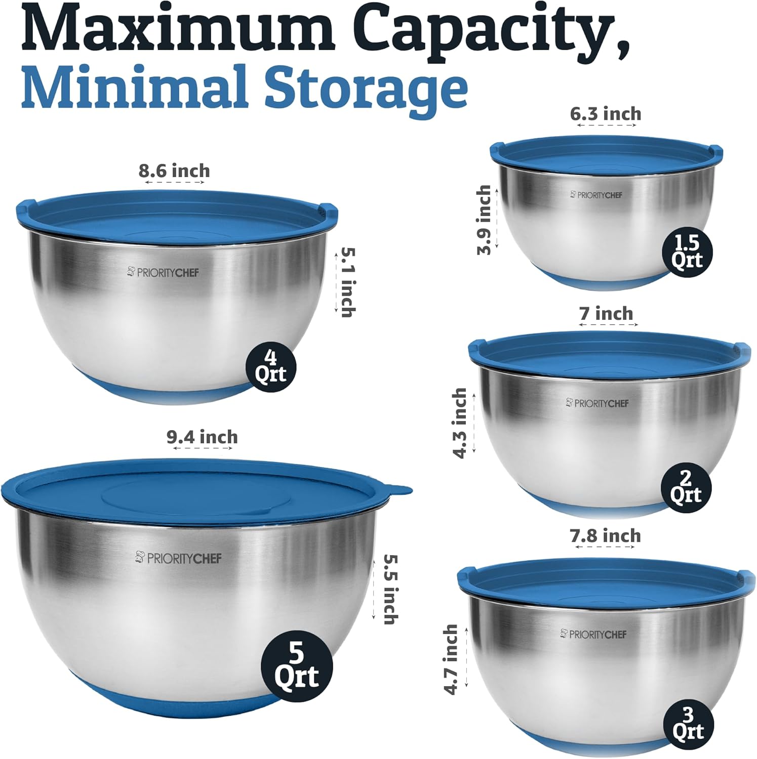 Priority Chef Stainless Steel Mixing Bowls with Lids Set, 3 Grater Attachments, Airtight Lids, Non-Slip Silicone Base Mixing Bowl Set, Large Prep Metal Mixing Bowls for Kitchen, Blue