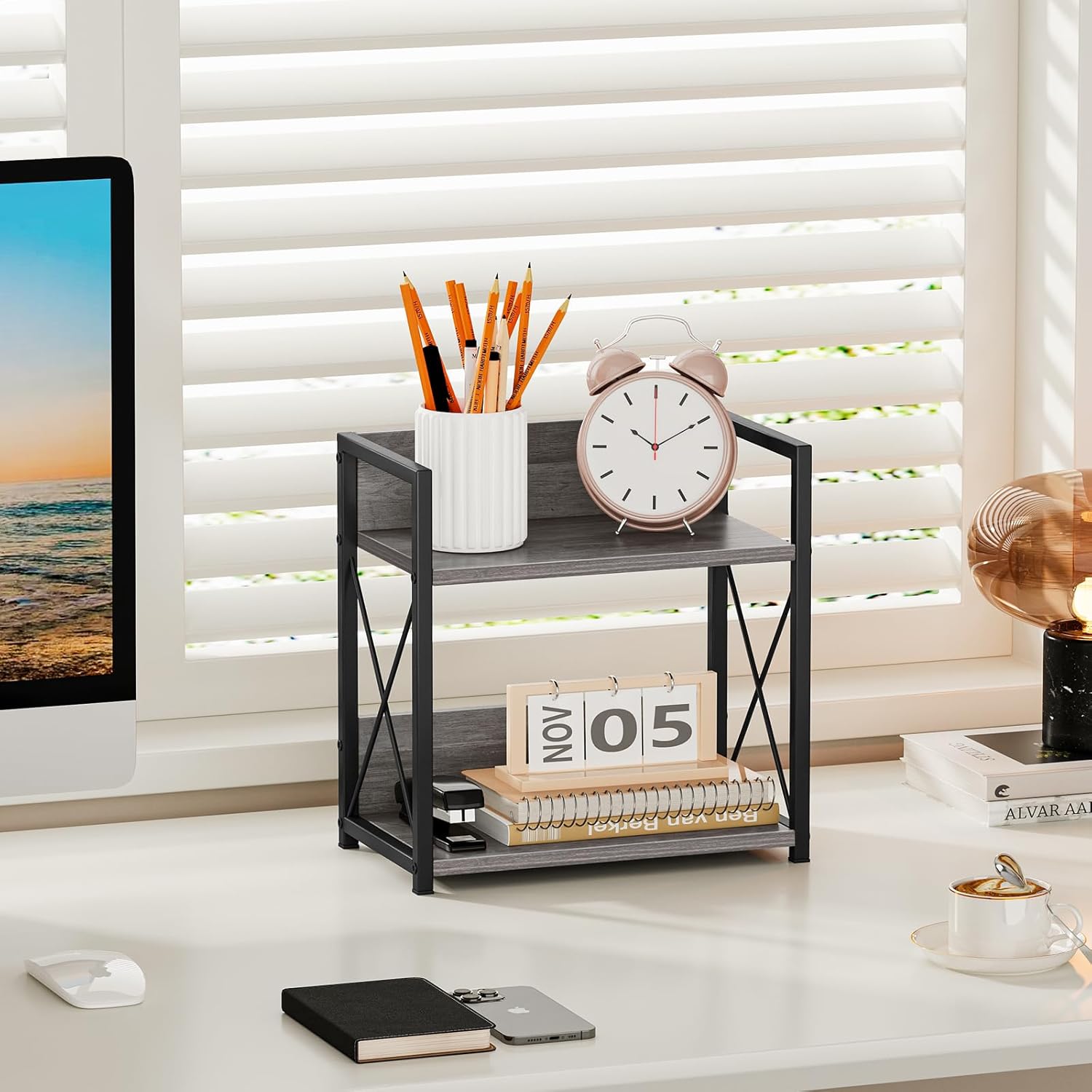 Giikin Countertop Shelf Organizer, 2 Tier Coffee Organizer for Desktop, Grey Counter Shelf Spice Rack for Kitchen (Grey, M)