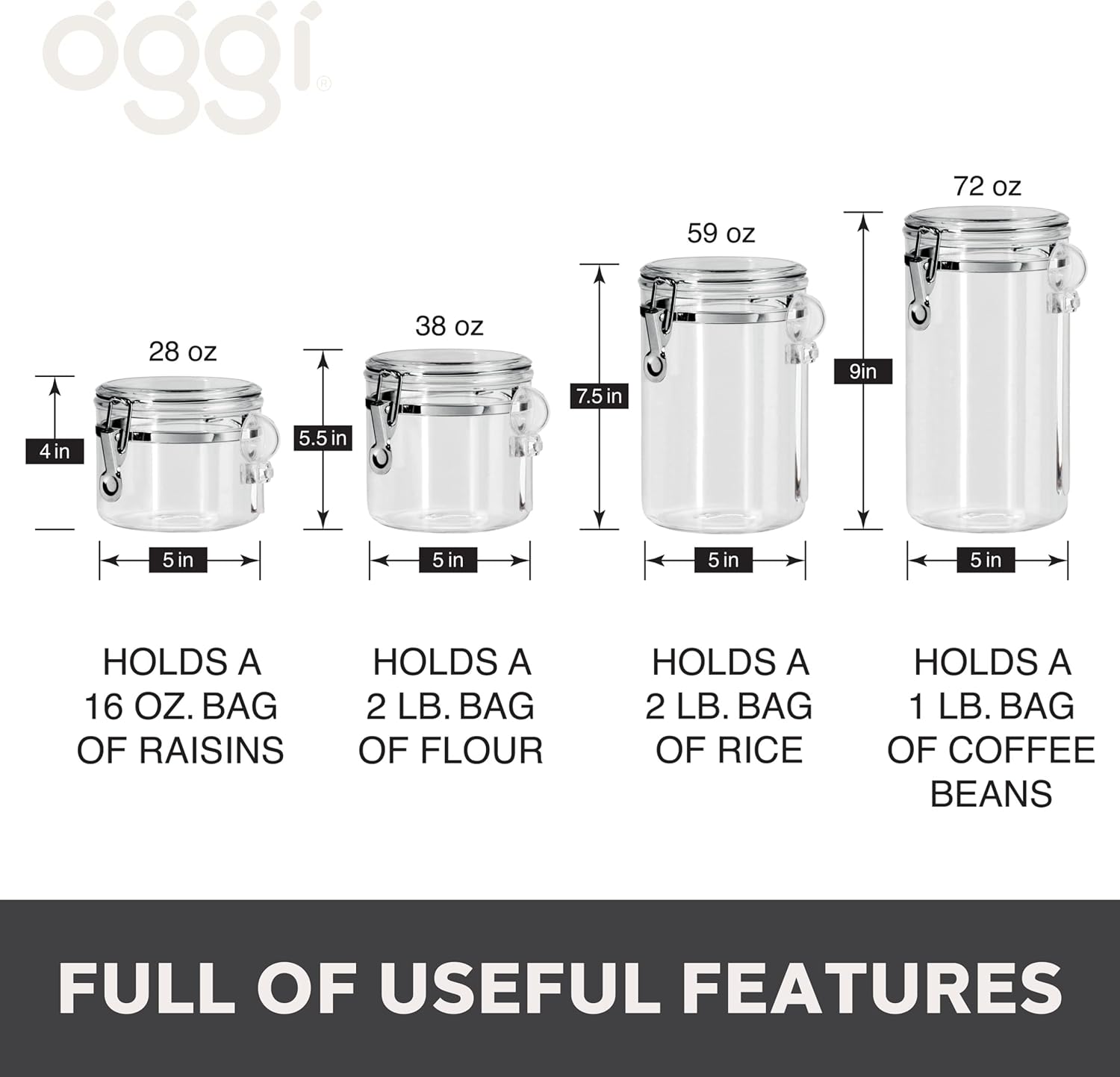 Oggi 4pc Clear Canister Set with Clamp Lids Airtight Containers in Sizes Ideal for Kitchen & Pantry Storage of Bulk, Dry Foods Including Flour, Sugar, Coffee, Rice, Tea, Spices & Herbs