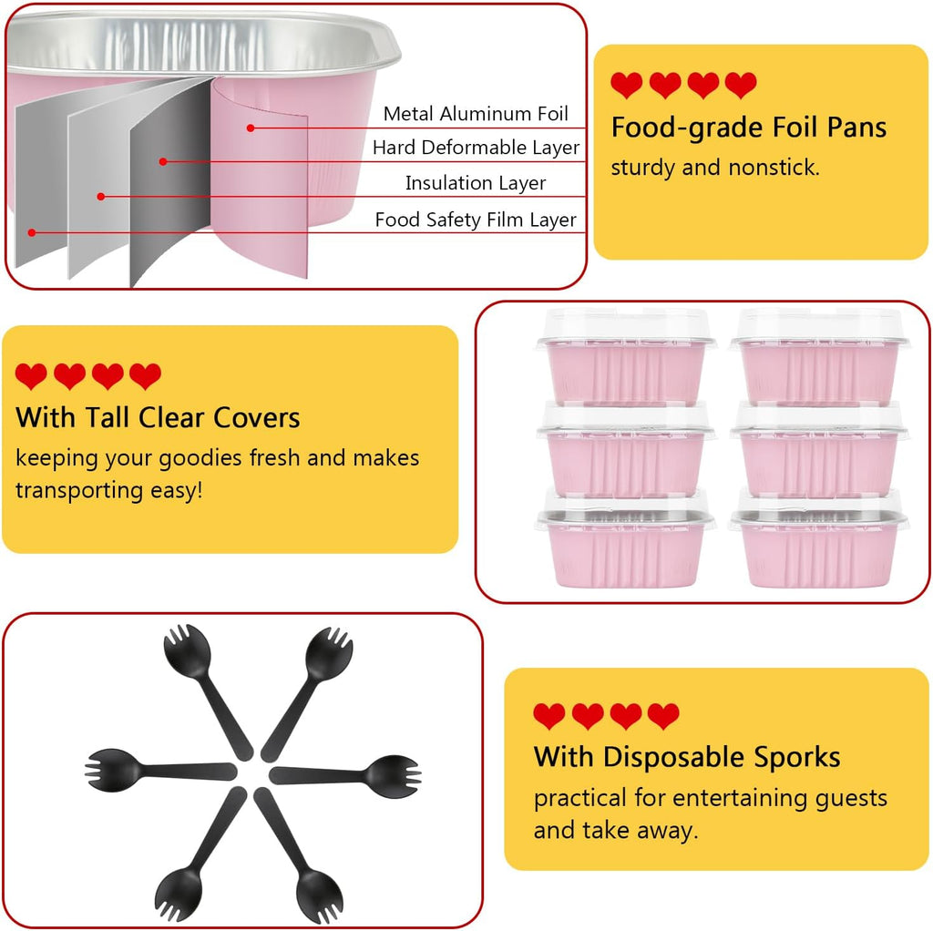 10oz/80pack Mini Cake Foil Pans with Lids,LNYZQUS 4”x4” Large Cupcake Pan Disposable Ramekins,Small Brownie Baking Cups Square Muffin Tin Cheesecake Containers Holders-Pink
