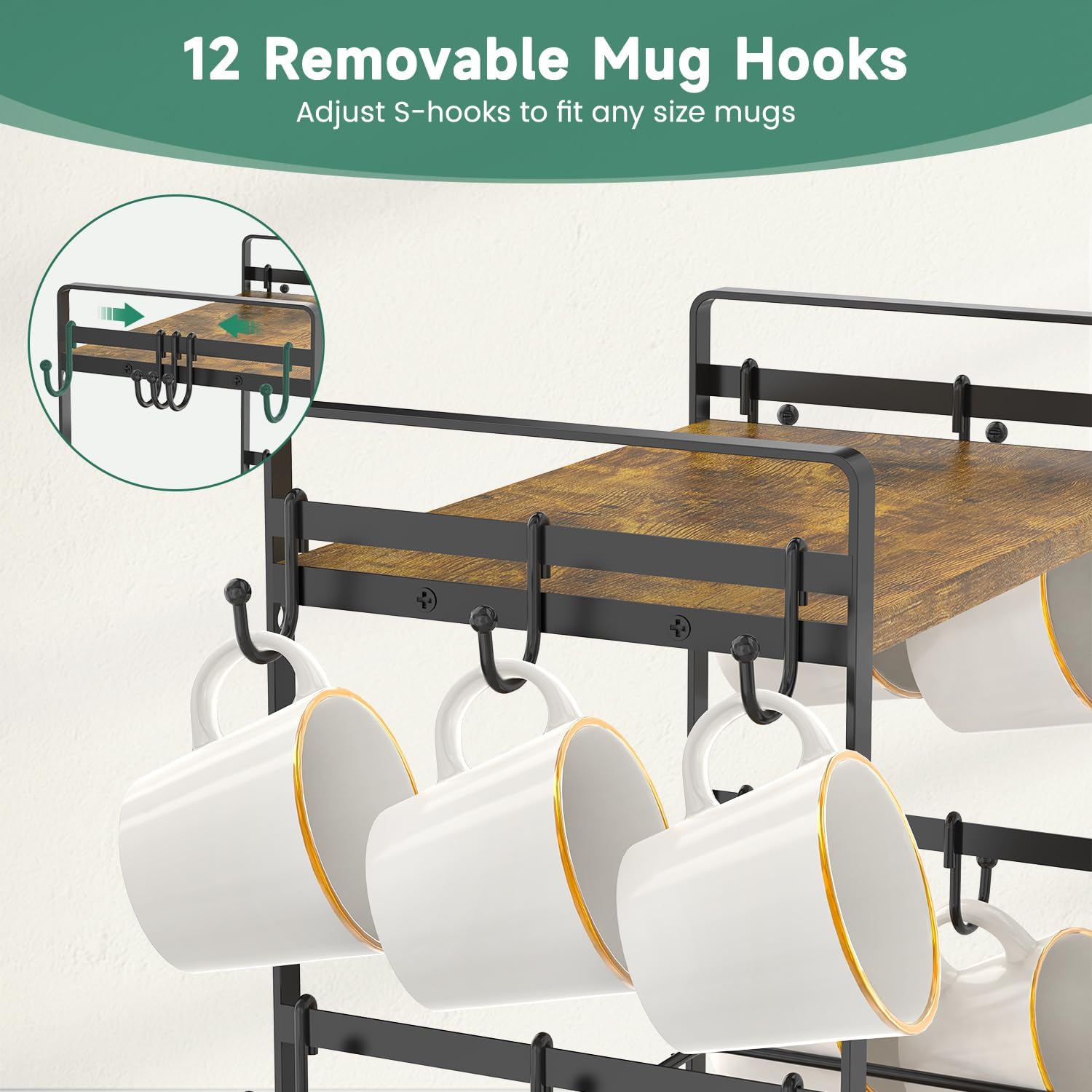 EsLuker.ly Coffee Bar Station Organizer Mug Cup Holder Stand for Countertop, Multi-Functional 2 Tier Mug Tree Rack for Kitchen, Storage Shelf with 12 Removable Hooks, Coffee Nook Enhancer