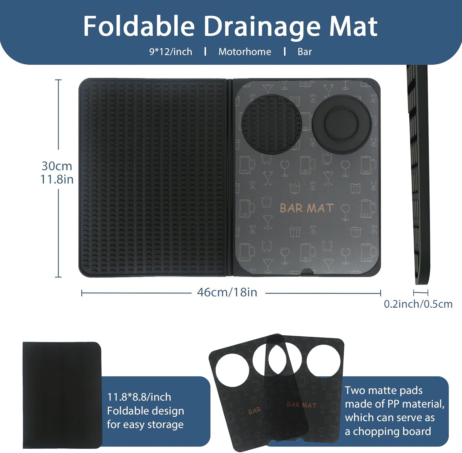 Foldable Bar Mat 18x12 inch - 3-in-1 Silicone Drying Mat with Removable Cutting Board & Rim Tray | Countertop Protector for Home, Outdoor, Travel | Professional Cocktail Accessories (Black)