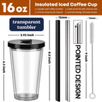 ALINK Reusable Iced Coffee Cup with Lid and Straw, 16 oz Grande Boba Tea Smoothie Cup, Leak Proof Double Wall Insulated Iced Coffee Tumbler for Hot Cold Drinks, Milkshaks, With 2 Boba Straws 1 Brush