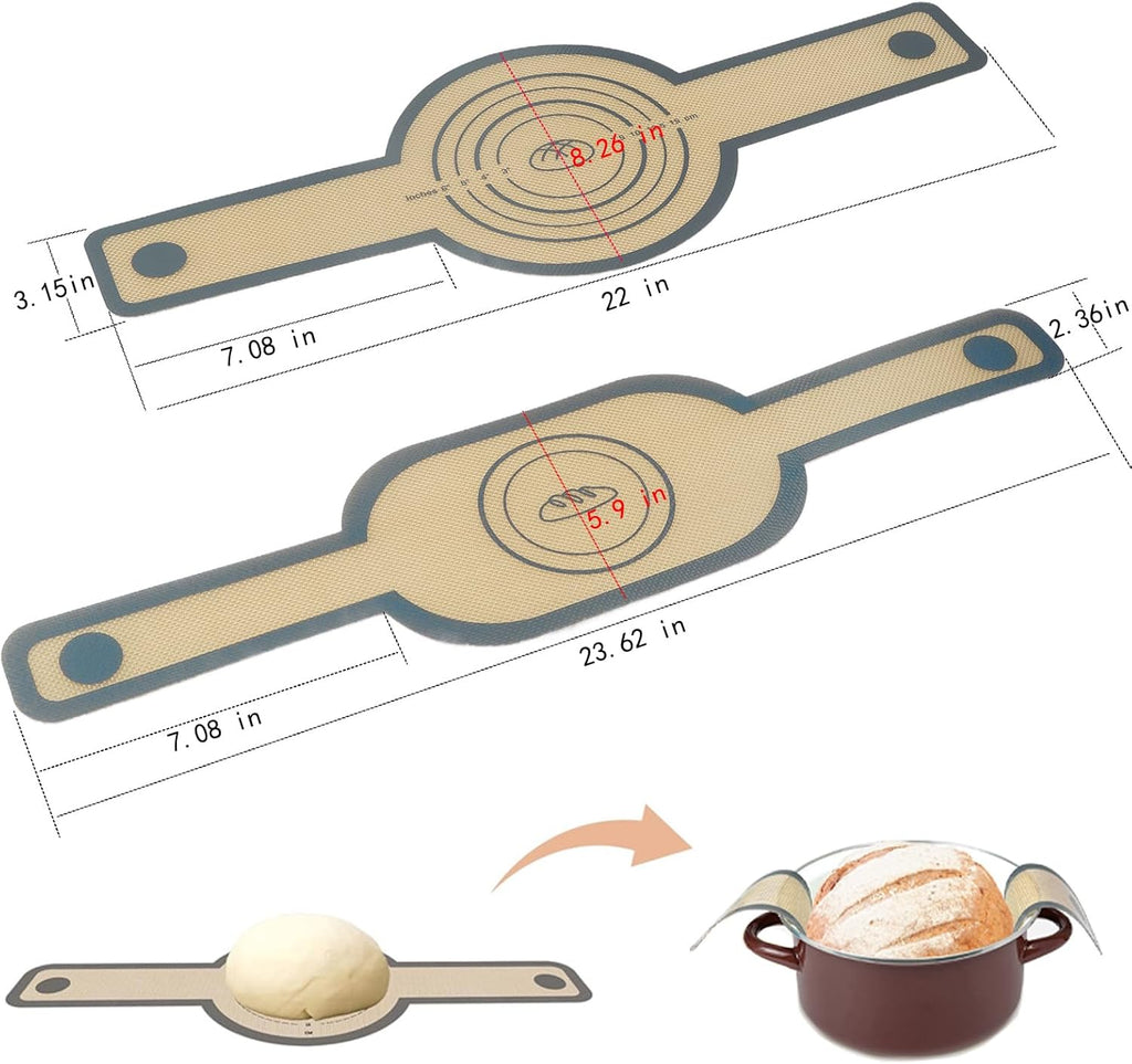 silicone baking mat Oval and Round-sourdough bread baking-supplies silicone bread sling bread making tools with Extra Long Handles, Easy and Stable to Transfer Sourdough Bread, Grey, Gray