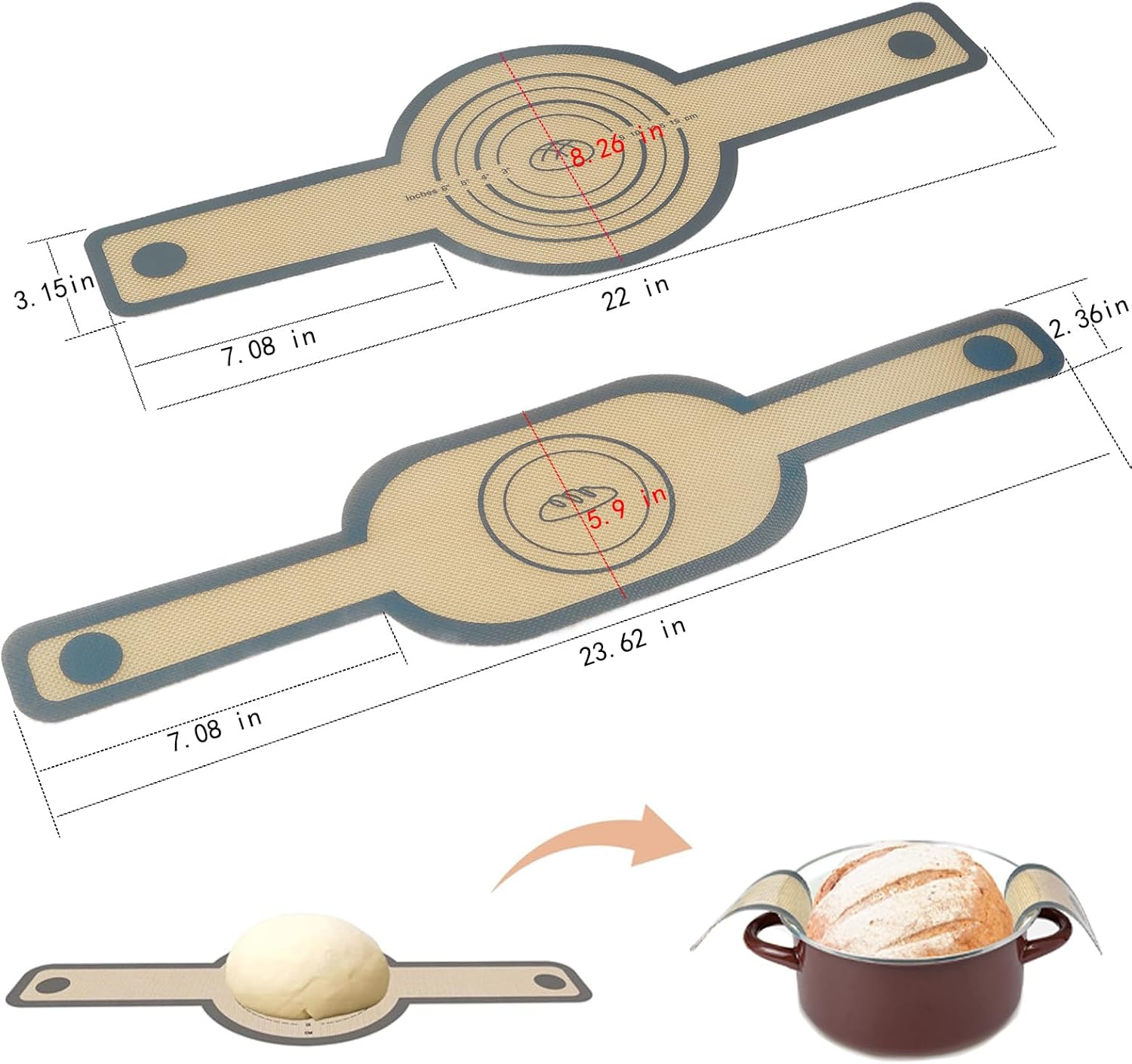 silicone baking mat Oval and Round-sourdough bread baking-supplies silicone bread sling bread making tools with Extra Long Handles, Easy and Stable to Transfer Sourdough Bread, Grey, Gray