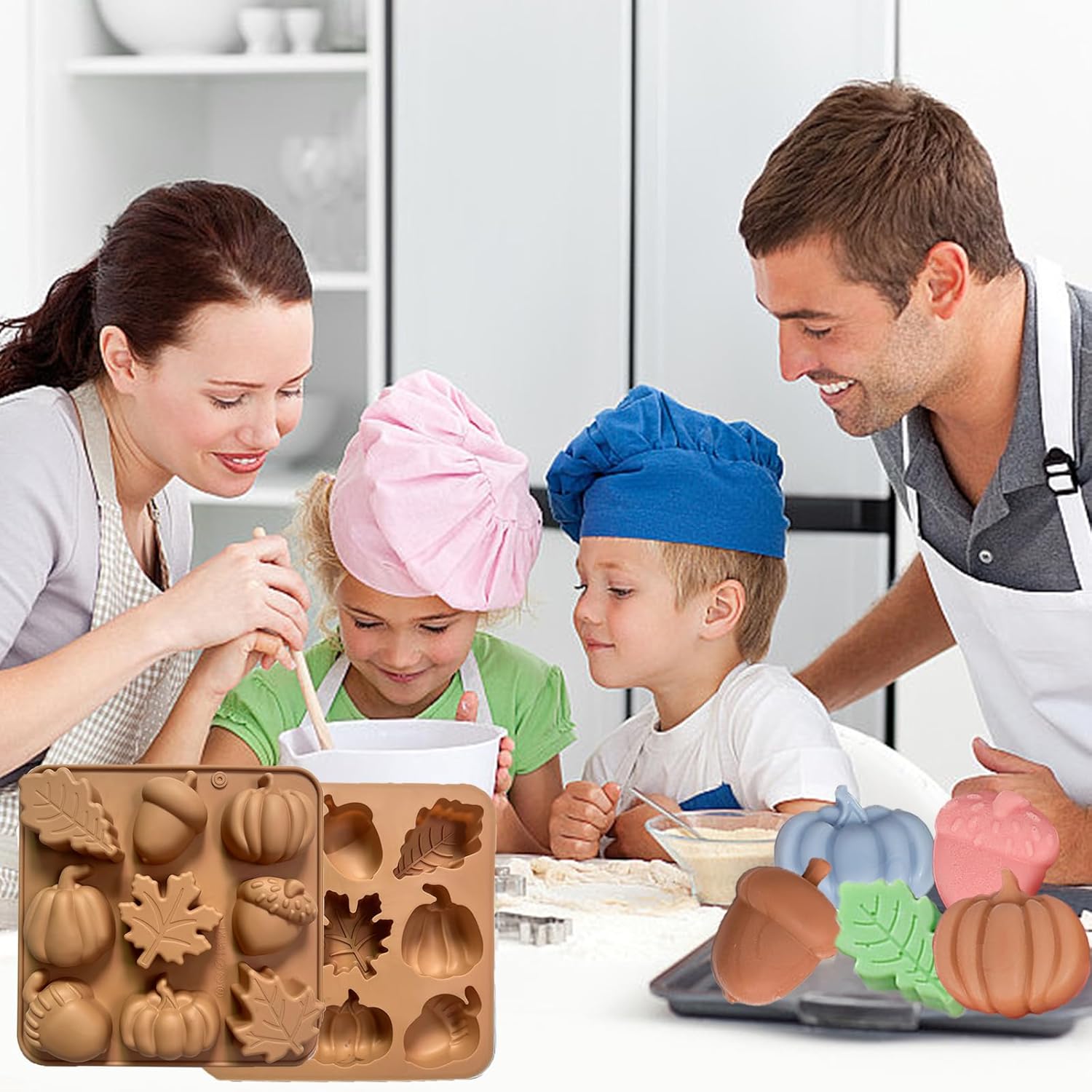 2Pcs Fall Silicone Molds Autumn Silicone Chocolate Molds, Thanksgiving Candy Mold, Fall Chocolate Molds, Leafs Acorns Pumpkins Shape for Thanksgiving Halloween Autumn Harvest, Nude Color