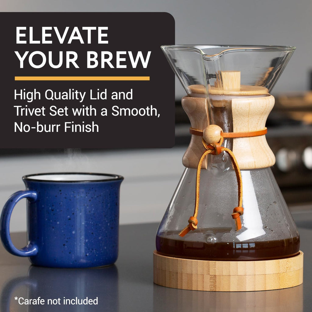 IMPRESA Coffee Pot Cover & Wooden Trivet Set - Chemex Compatible 6-Cup, 8-Cup Pour Over Carafe - Glass Maker Stand & Chemex Style Lid for Pour Over Coffee Systems