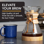 IMPRESA Coffee Pot Cover & Wooden Trivet Set - Chemex Compatible 6-Cup, 8-Cup Pour Over Carafe - Glass Maker Stand & Chemex Style Lid for Pour Over Coffee Systems