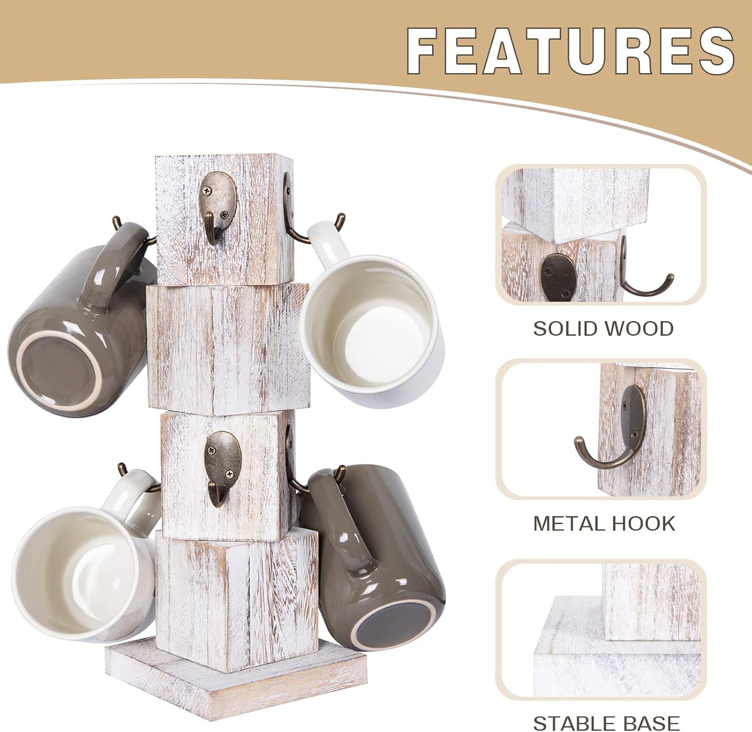 Coffee Mug Holder Tree, Rustic Solid Wood Mug Tree Stand with 8 Hooks, Farmhouse Coffee Cup Holder for Counter, Mug Hanger for Kitchen Organizer, Farmhouse White