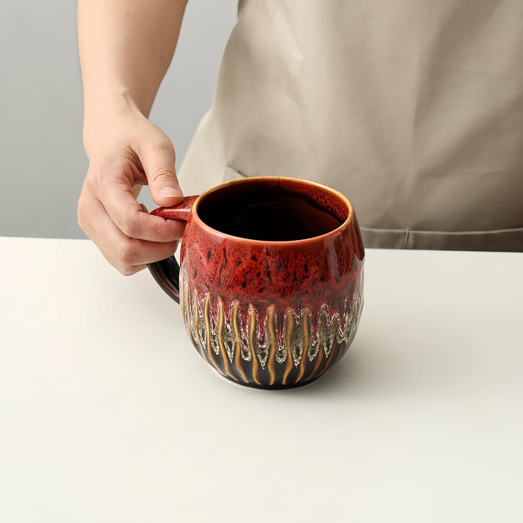 20oz Raku Glaze Coffee Mug - Unique Handcrafted Look Ceramic Cup, Large Tea Mug, Microwave & Dishwasher Safe (red)