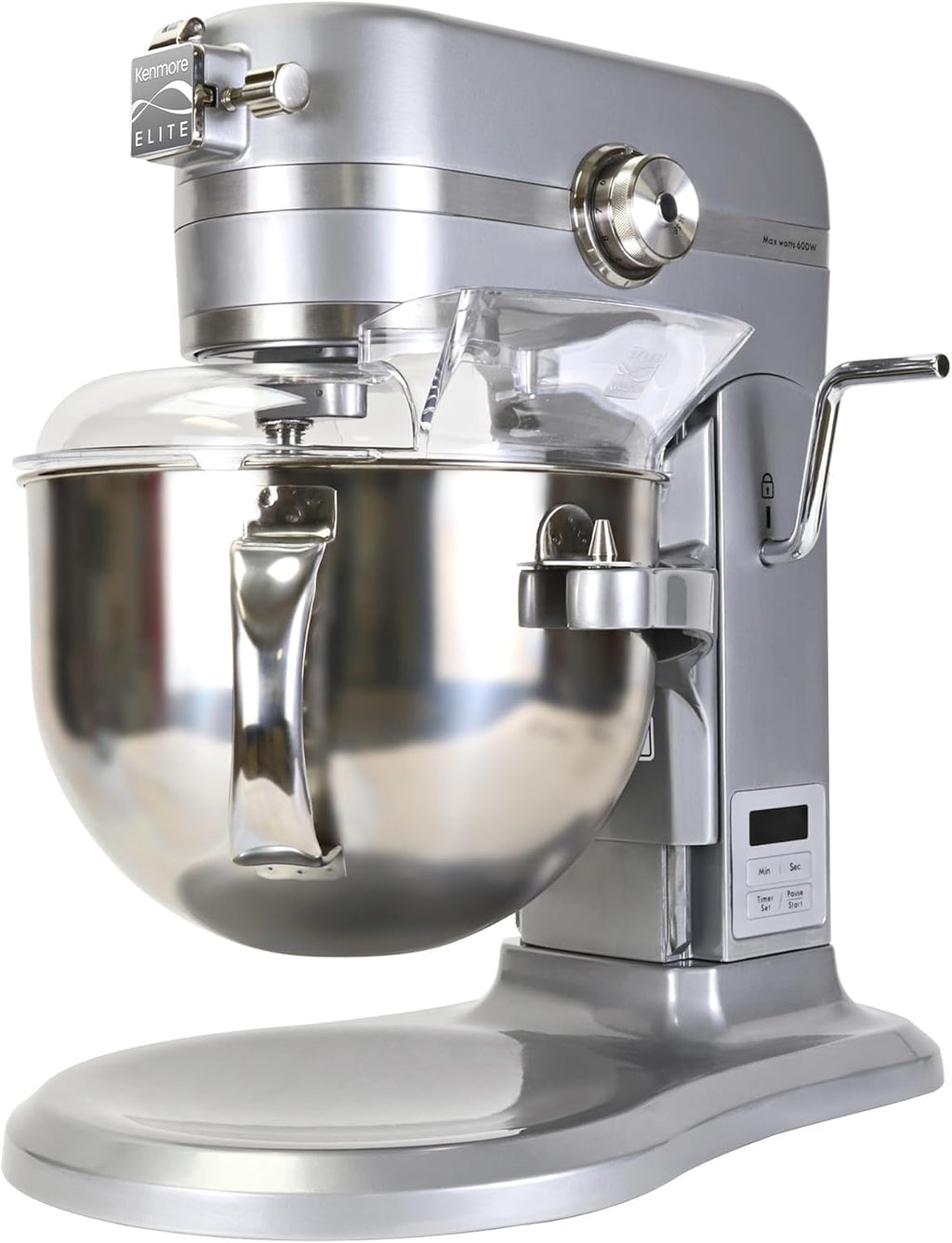 Kenmore Elite Heavy-Duty 6 Qt Bowl-Lift Stand Mixer, 600 Watts, with Flat Beater, Wire Whisk, Dough Hook, Stainless Steel Bowls, LED Light, Digital Countdown Timer, Metallic Grey