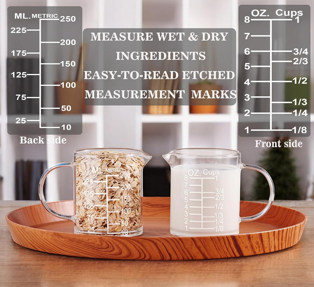 Ackers Etched Graduated Glass Measuring Cup - [Insulated Handle | V-Shaped Spout] - High Borosilicate Glass Measuring Cup for Kitchen or Dining, Easy to Read, 250ml (8oz, 1 Cup)