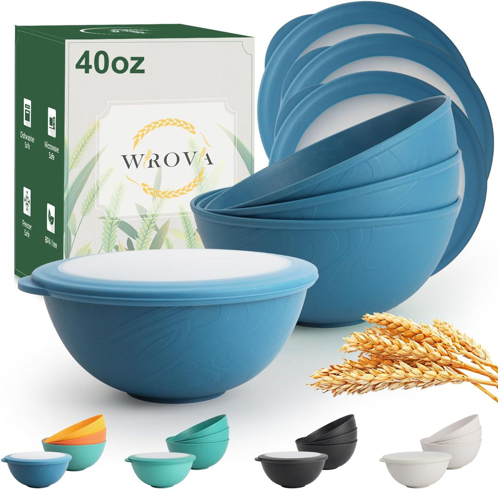 wheat straw bowls with lids set of 4, 40oz cereal bowls with covers,unbreakable salad container for lunch, dishwasher safe bowl sets for kitchen. Blue