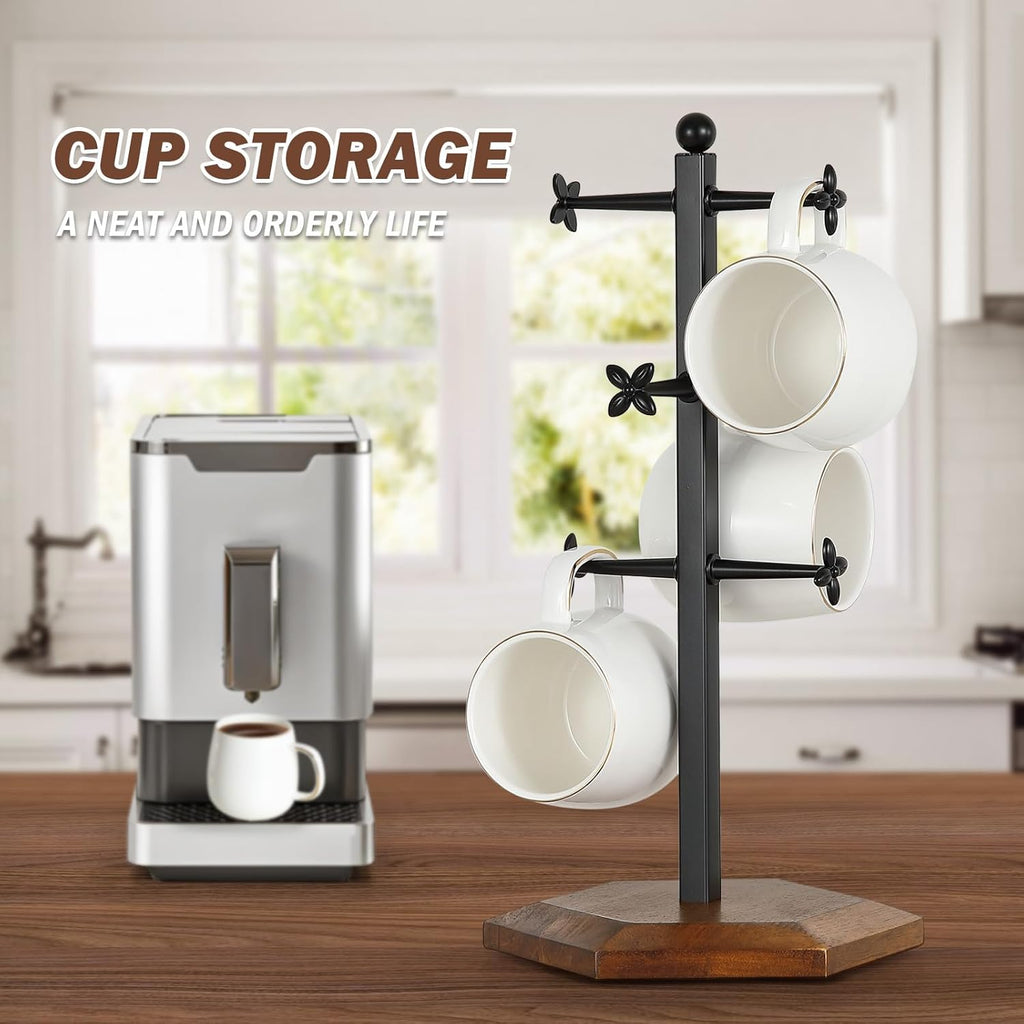 Mug Holder, Countertop Mug Tree, Coffee Mugs & Tea Cup Storage Rack, Coffee Counter Bar Accessory & Kitchen Organizer (Black Vintage Colors)