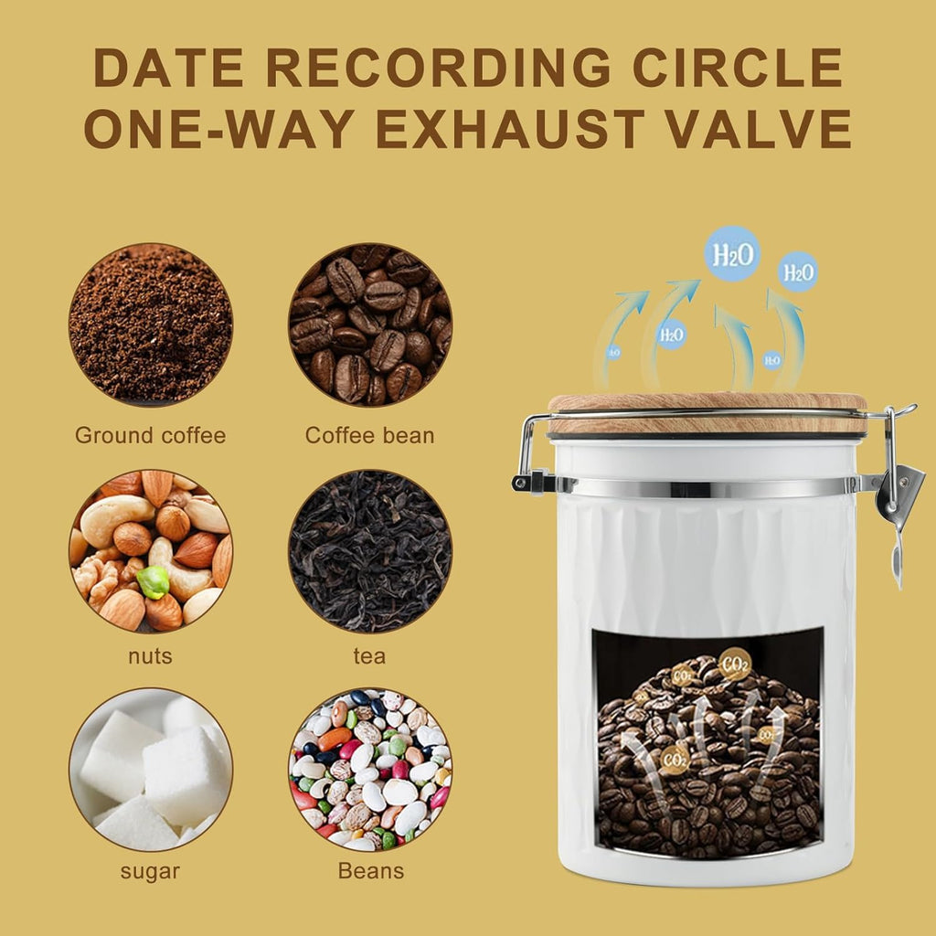 TEDSWAIT Coffee Container with Sealed Cantilever Lid and Scoop, Airtight Stainless Steel Kitchen Food Storage Canister with Date Tracker, 1.8L(White)